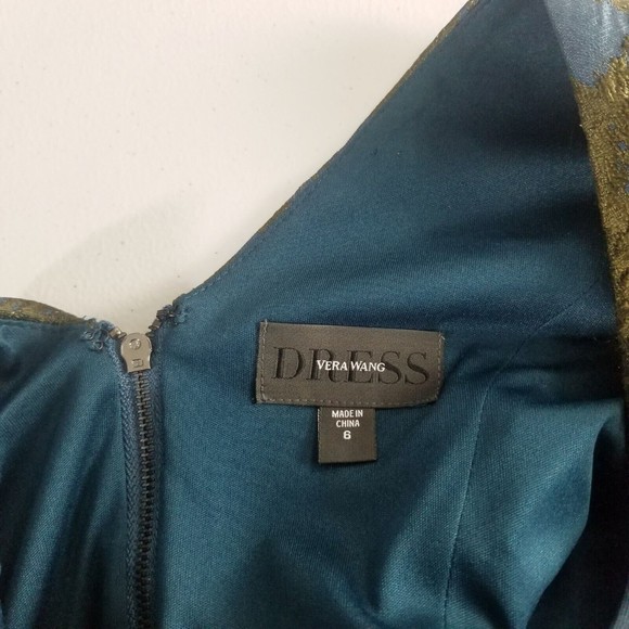 Vera Wang Brocade Dress Women Size 6 Dark Teal Green Metallic V-cut Back Lined - Picture 4 of 16